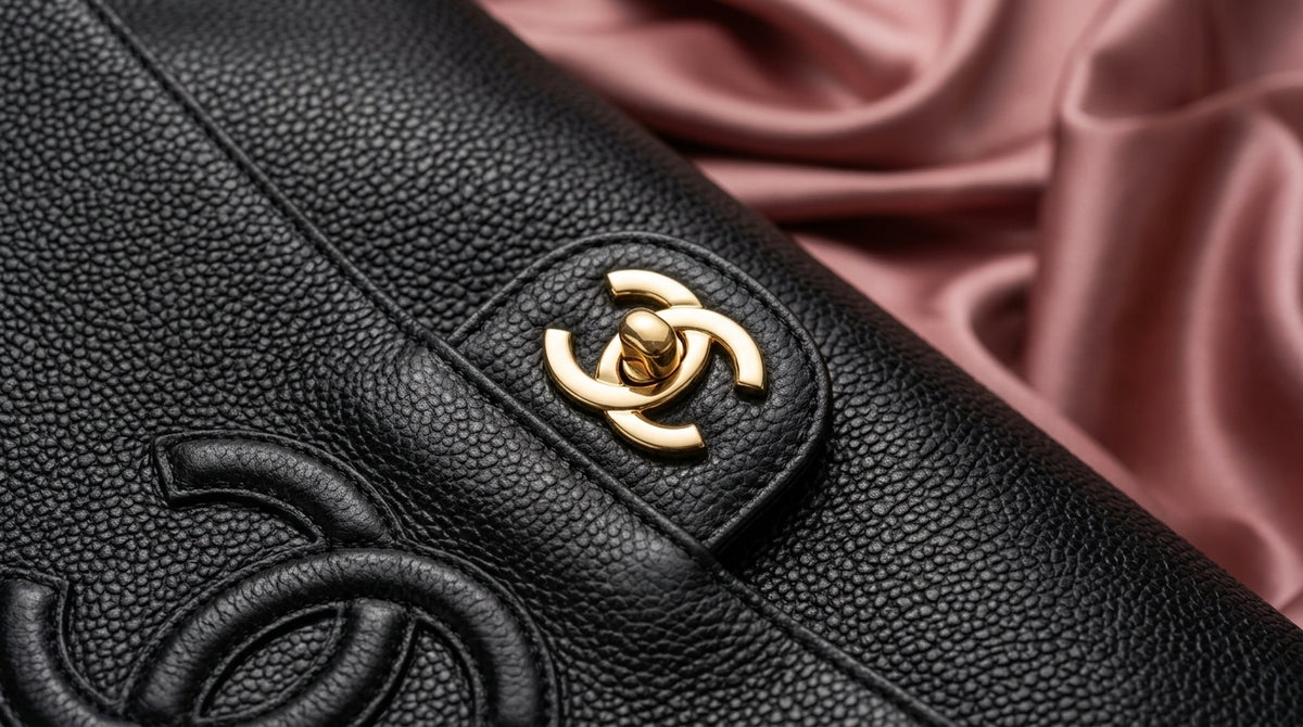 CHANEL Black Pebbled Leather Flap Bag with Gold Twist-Lock