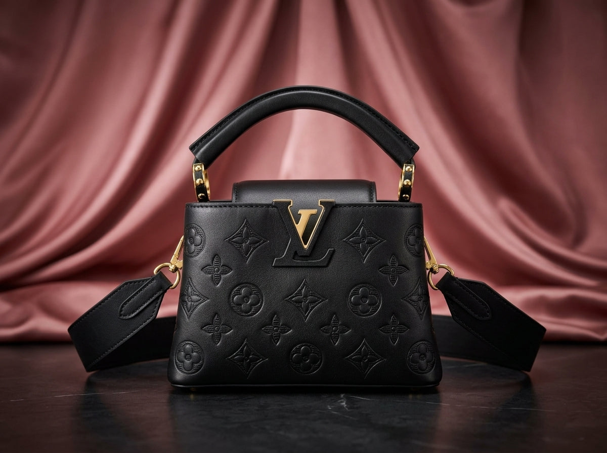 LOUIS VUITTON Luxury Black Embossed Leather Top-Handle Bag