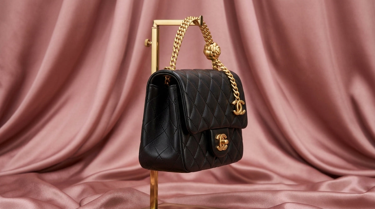 CHANEL Black Quilted Leather Mini Flap Bag with Gold Rosette Chain