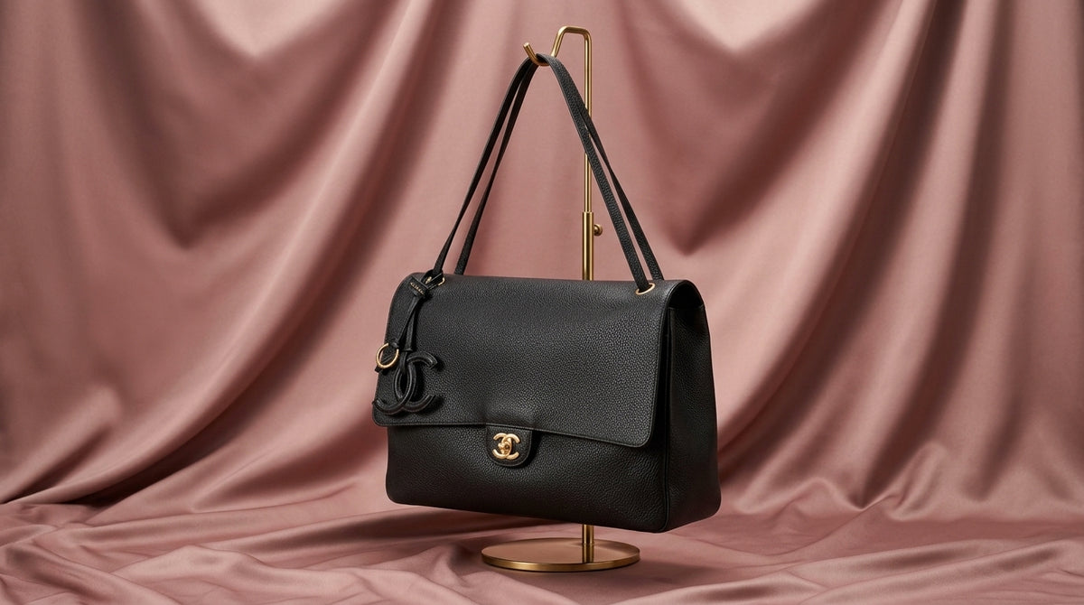 CHANEL Black Pebbled Leather Flap Bag with Gold Twist-Lock