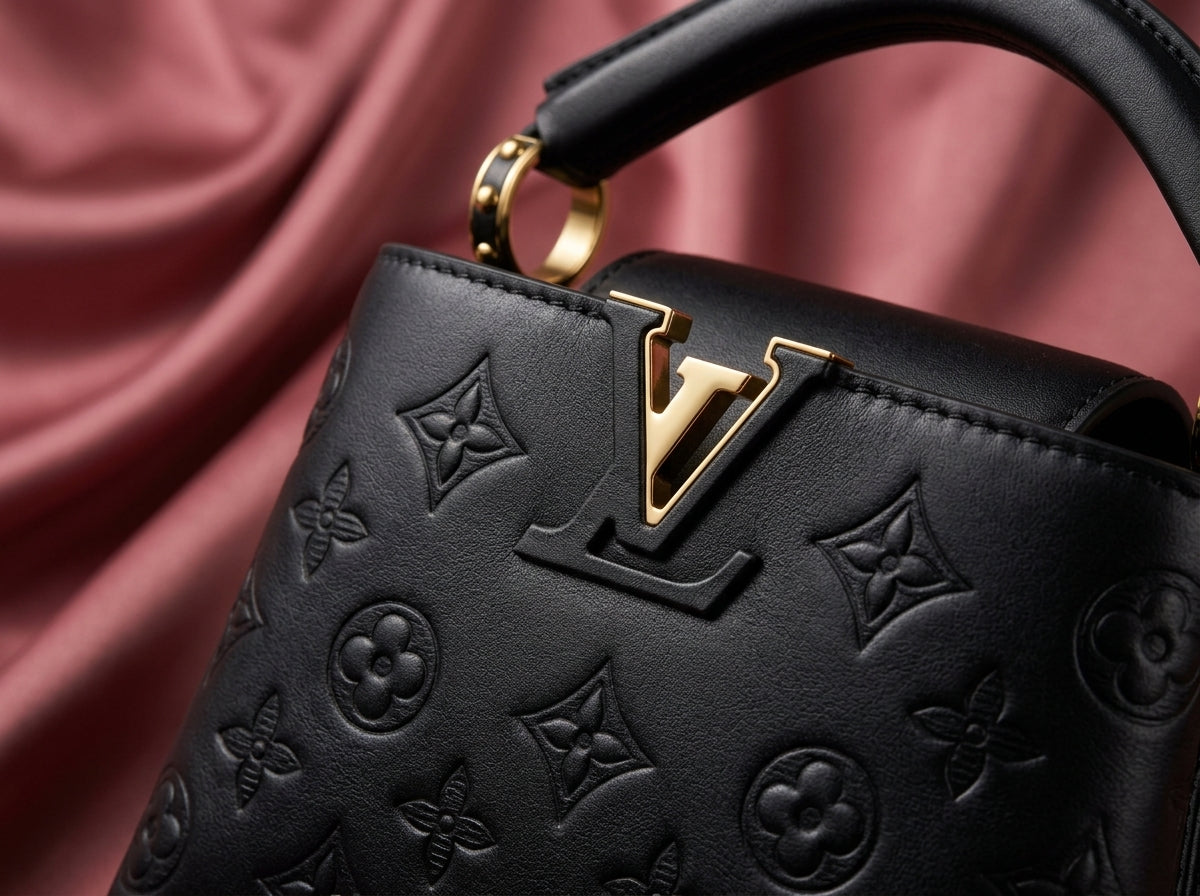 LOUIS VUITTON Luxury Black Embossed Leather Top-Handle Bag