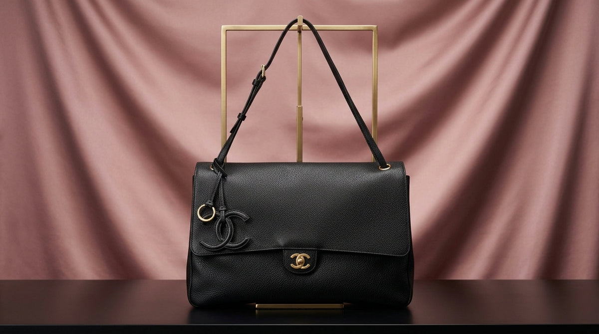 CHANEL Black Pebbled Leather Flap Bag with Gold Twist-Lock
