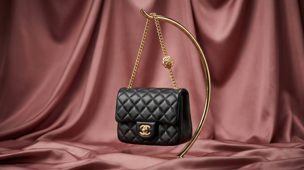 CHANEL Black Quilted Leather Mini Flap Bag with Gold Rosette Chain