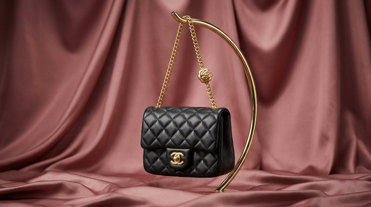 CHANEL Black Quilted Leather Mini Flap Bag with Gold Rosette Chain