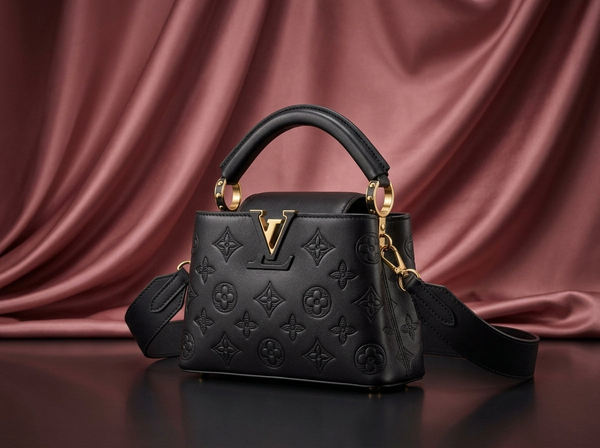 LOUIS VUITTON Luxury Black Embossed Leather Top-Handle Bag
