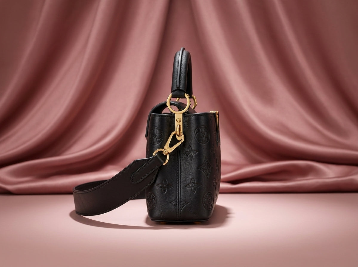 LOUIS VUITTON Luxury Black Embossed Leather Top-Handle Bag