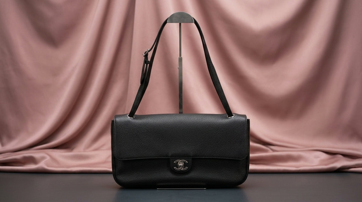 CHANEL Black Pebbled Leather Flap Bag with Turn-Lock Closure
