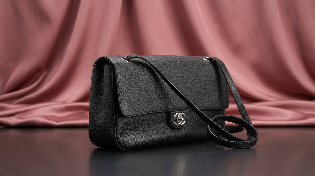CHANEL Black Pebbled Leather Flap Bag with Turn-Lock Closure