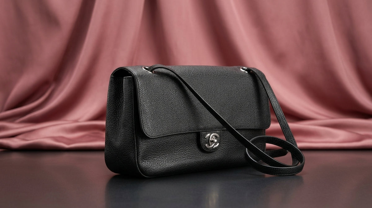CHANEL Black Pebbled Leather Flap Bag with Turn-Lock Closure