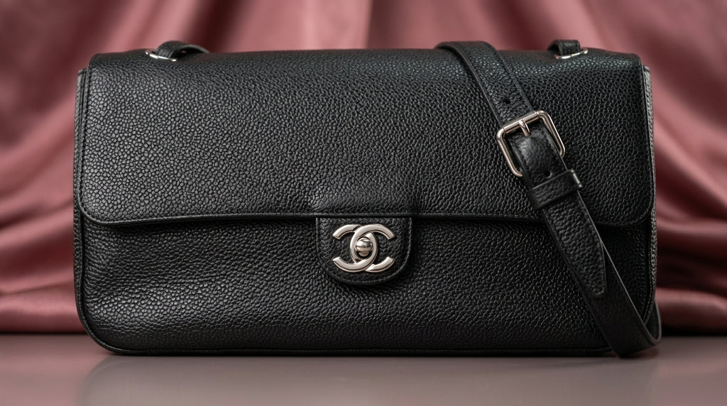 CHANEL Black Pebbled Leather Flap Bag with Turn-Lock Closure