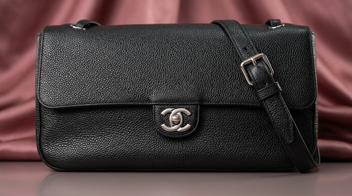 CHANEL Black Pebbled Leather Flap Bag with Turn-Lock Closure