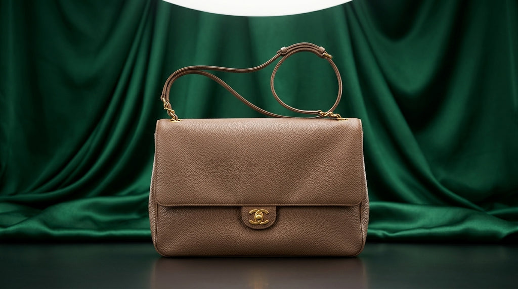 CHANEL Taupe Pebbled Leather Flap Bag with Gold Twist-Lock