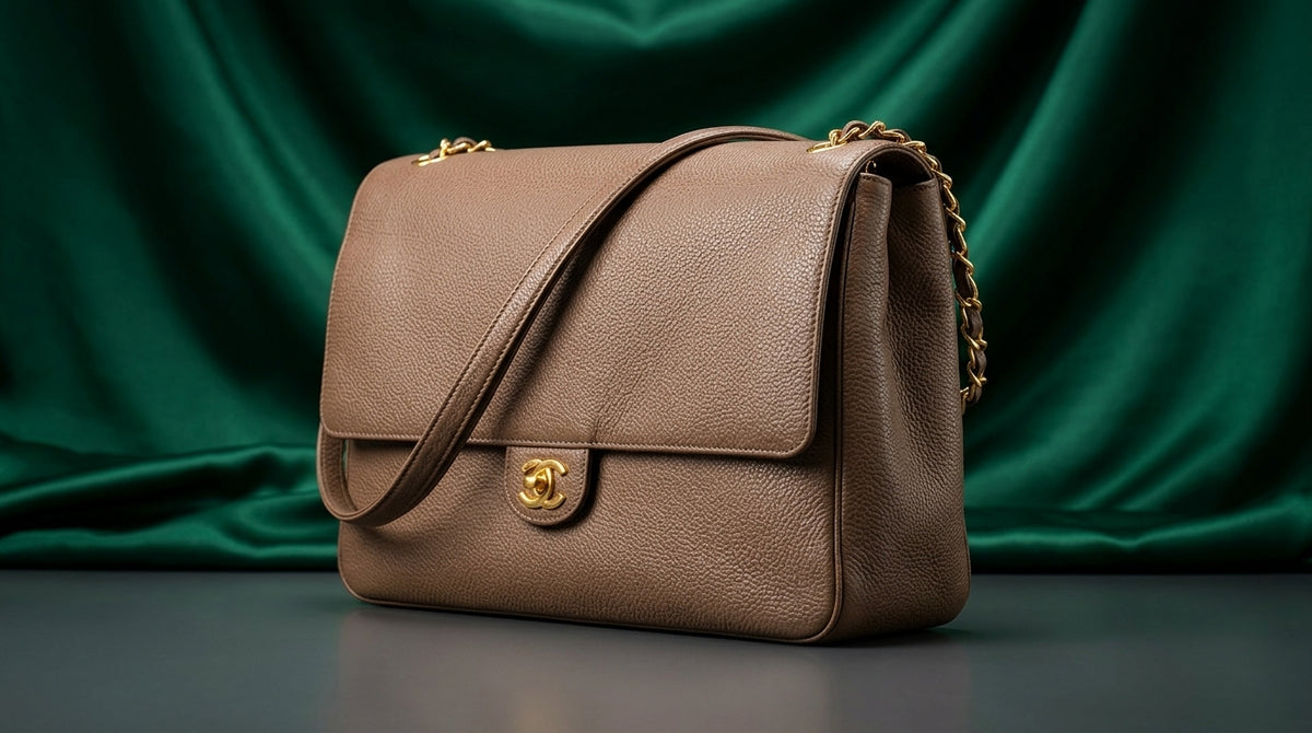 CHANEL Taupe Pebbled Leather Flap Bag with Gold Twist-Lock