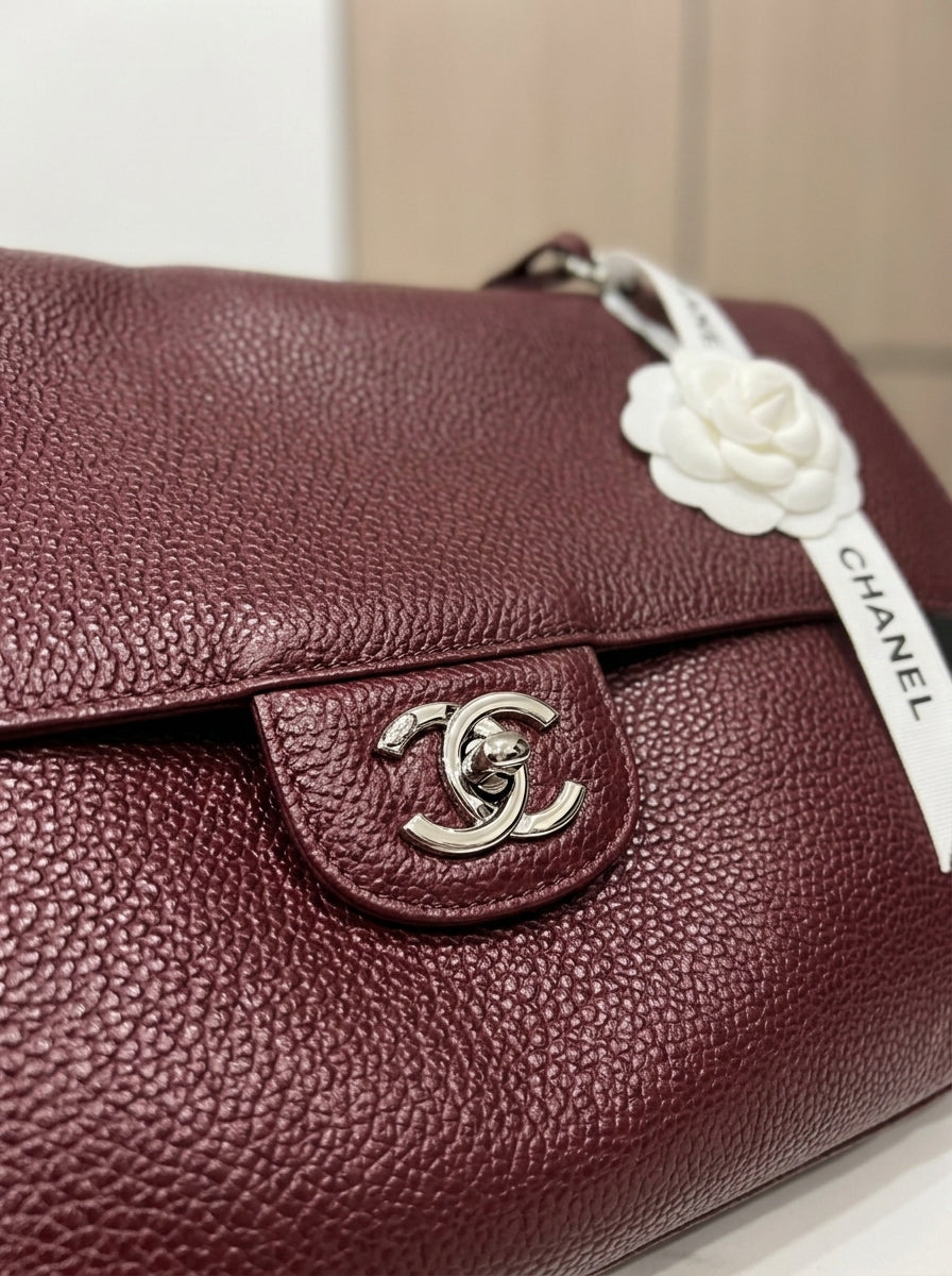 Chanel Large Flap Bag | Burgundy Grained Leather with Silver CC Hardware – | LisaLuxuryHub
