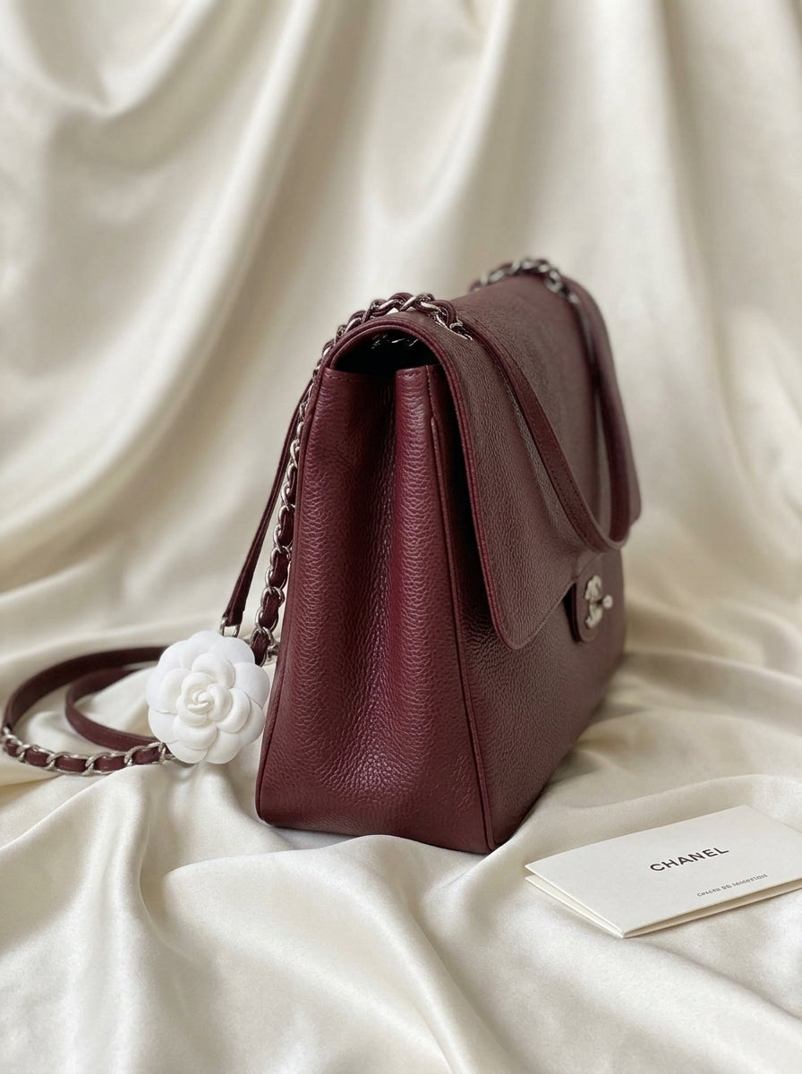 Chanel Large Flap Bag | Burgundy Grained Leather with Silver CC Hardware – | LisaLuxuryHub