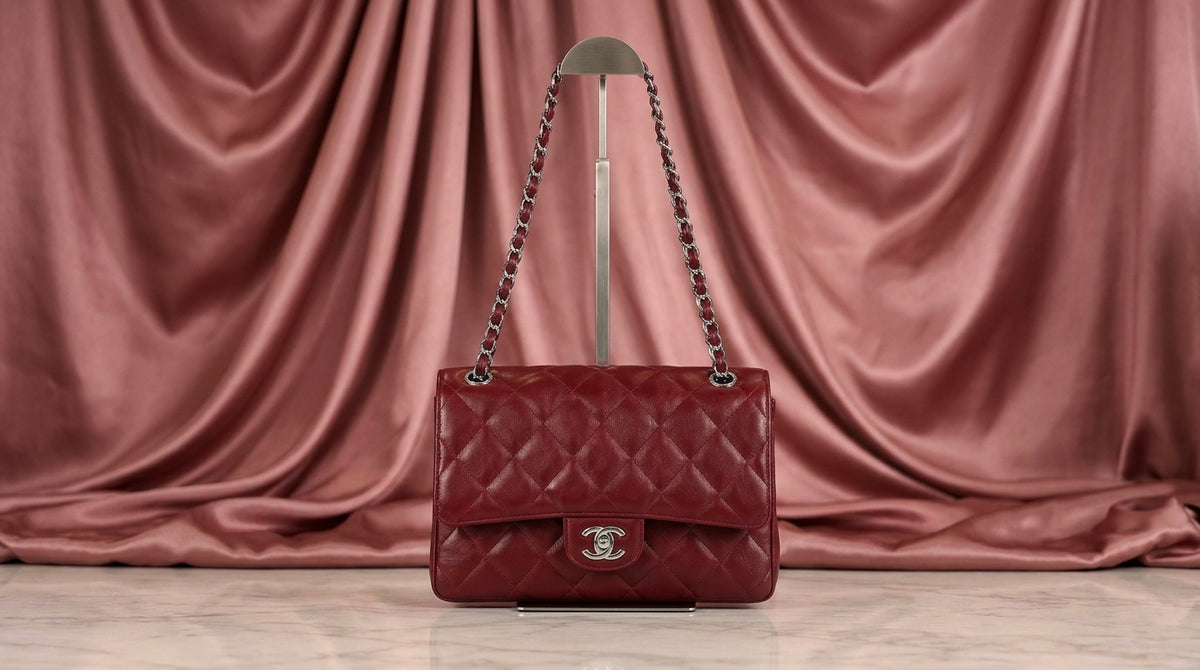 CHANEL Burgundy Quilted Leather Flap Bag with Woven Chain Strap