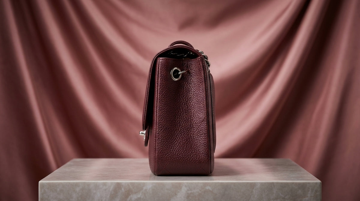 CHANEL Burgundy Pebbled Leather Flap Bag with Silver Twist-Lock