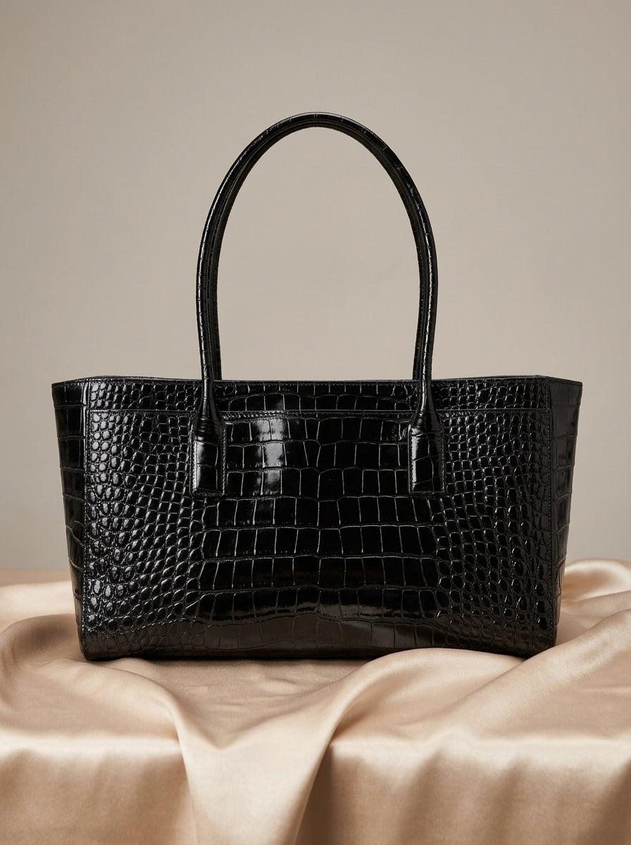Chanel Croc-Embossed Tote Bag | Black Glossy Leather with Gold CC Hardware –| LisaLuxuryHub