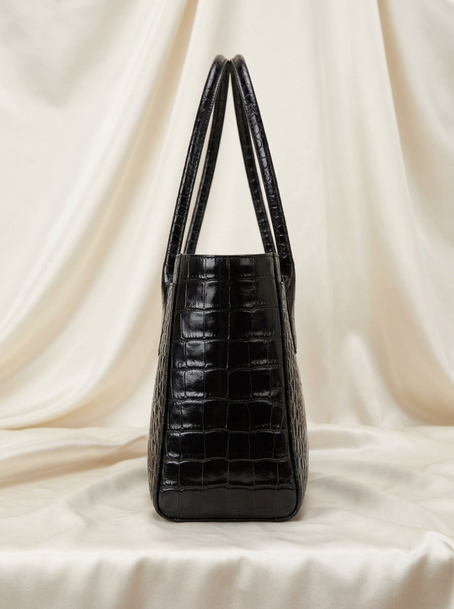 Chanel Croc-Embossed Tote Bag | Black Glossy Leather with Gold CC Hardware –| LisaLuxuryHub