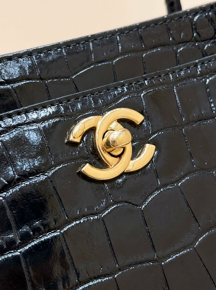 Chanel Croc-Embossed Tote Bag | Black Glossy Leather with Gold CC Hardware –| LisaLuxuryHub