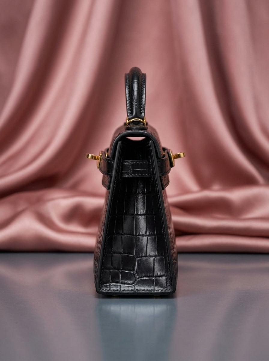 Hermès Kelly Élan Black Porosus Crocodile Leather Bag