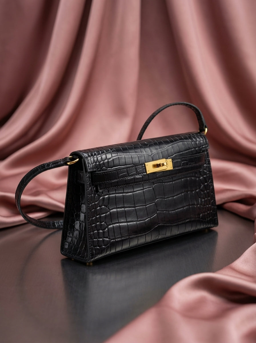 Hermès Kelly Élan Black Porosus Crocodile Leather Bag