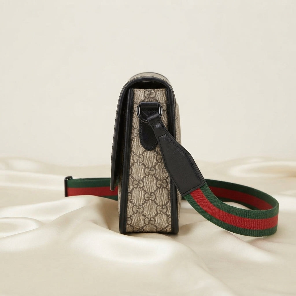 Gucci GG Supreme Crossbody Bag | Beige Monogram with Web Stripe Strap & Silver Hardware – LisaLuxuryHub