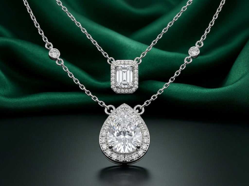 Layered Halo Diamond-Cut Necklace — Emerald &amp; Pear Cut Set