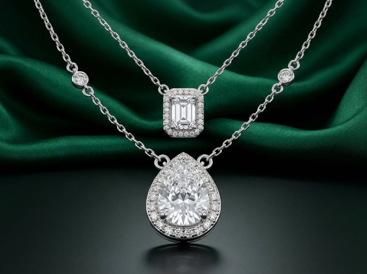 Layered Halo Diamond-Cut Necklace — Emerald &amp; Pear Cut Set