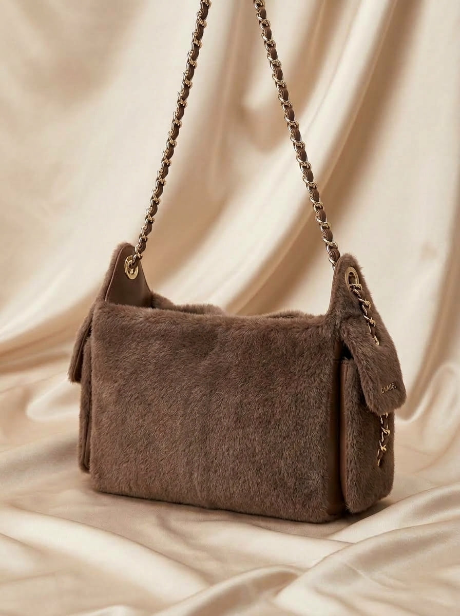 Chanel Fur Shoulder Bag | Taupe Plush Fur with Gold CC Charm & Chain Strap–| LisaLuxuryHub