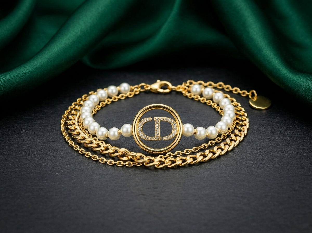 Dior Saint Dior Pearl &amp; Chain Layered Bracelet