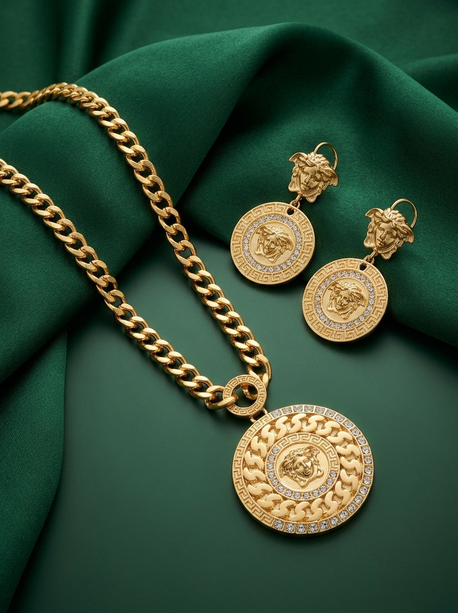 Statement Gold-Tone Medallion Necklace &amp; Earring Set