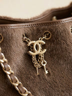 Chanel Fur Shoulder Bag | Taupe Plush Fur with Gold CC Charm & Chain Strap–| LisaLuxuryHub