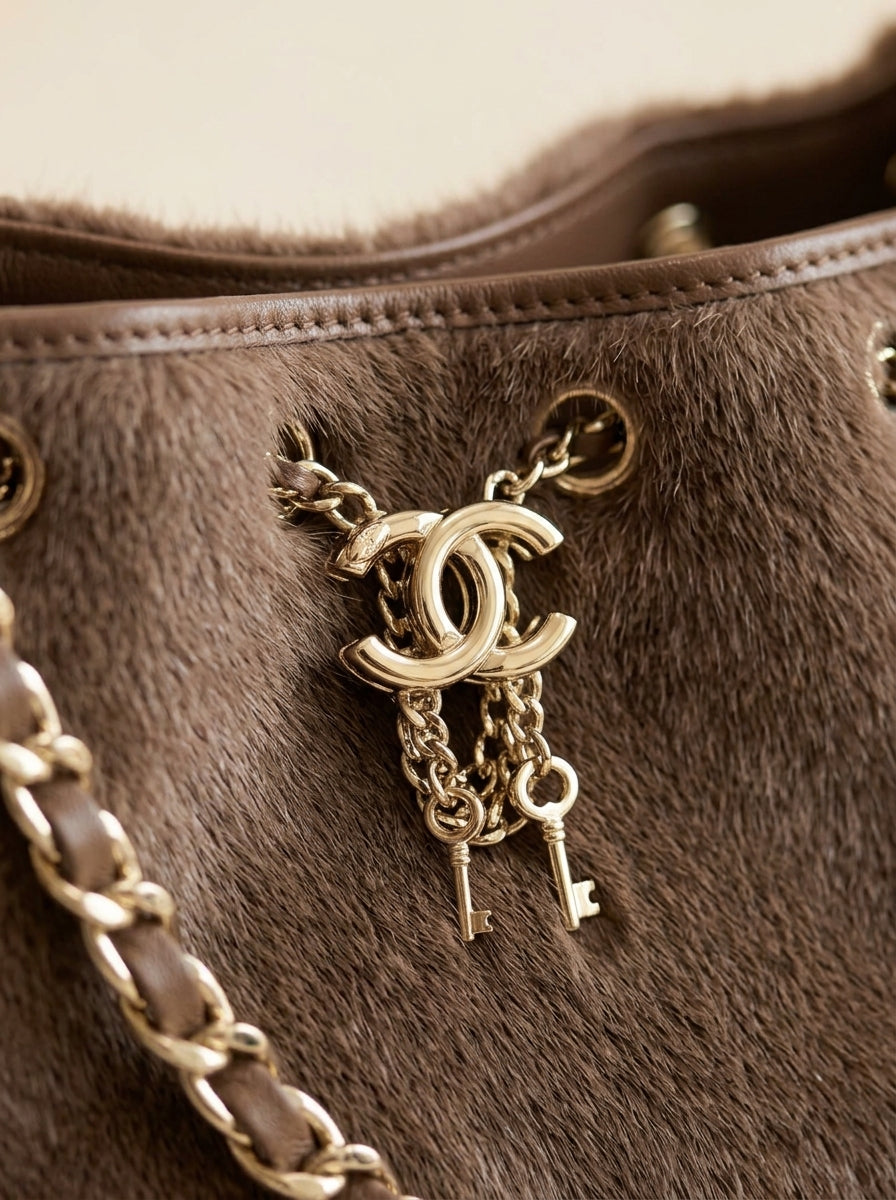 Chanel Fur Shoulder Bag | Taupe Plush Fur with Gold CC Charm & Chain Strap–| LisaLuxuryHub