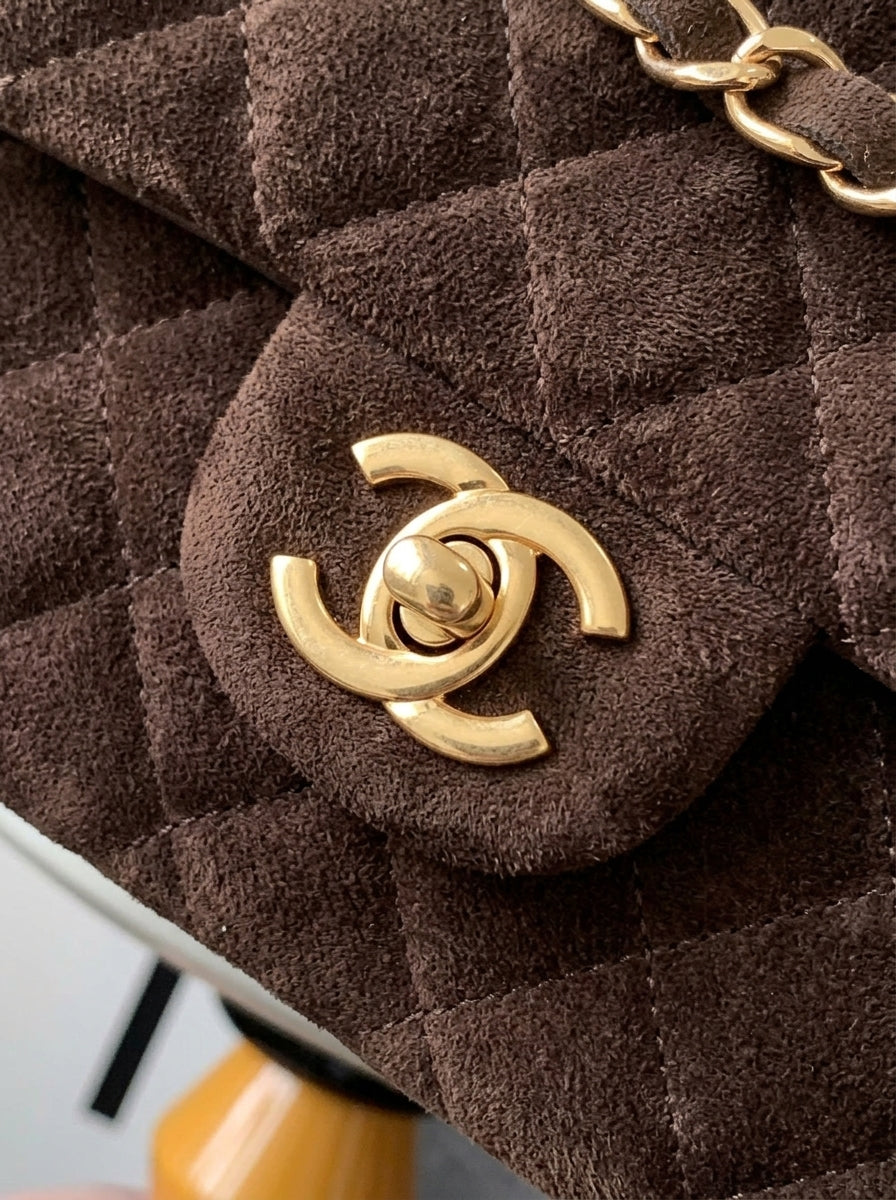 Chanel Medium Flap Bag | Dark Brown Suede Gold Chain – Preloved Luxury | LisaLuxuryHub