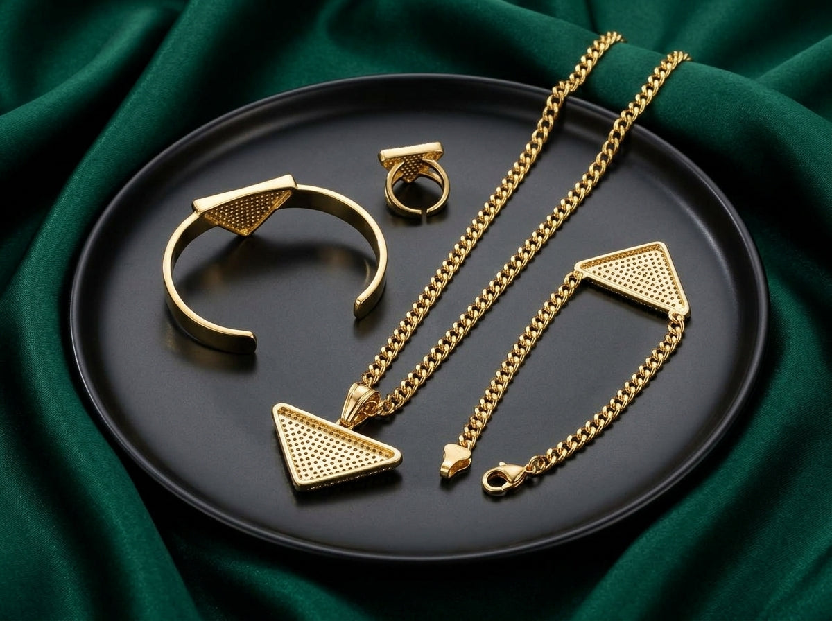 Prada Gold-Tone Crystal Pavé Triangle Jewelry Set – 4 Pieces