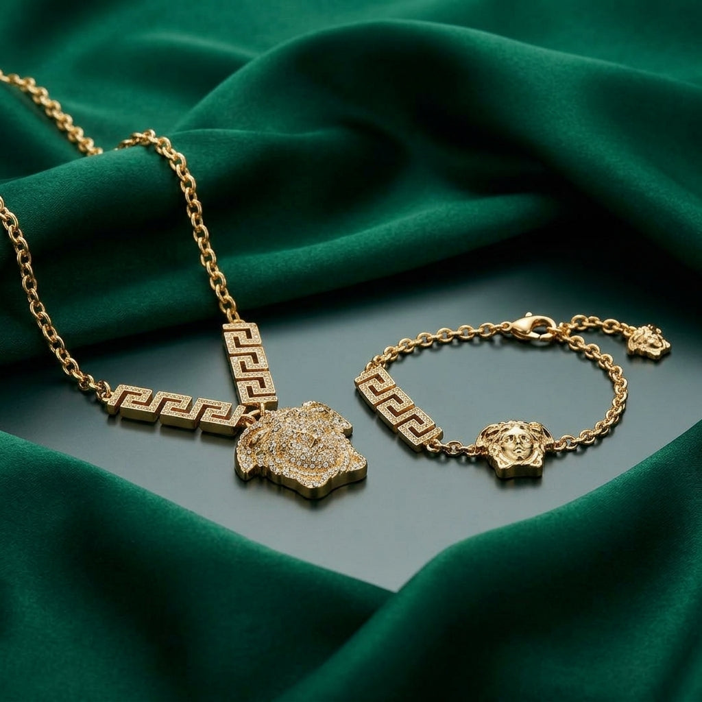 Versace Gold-Tone Crystal Mythical Face Pendant Jewelry Set – 2 Pieces