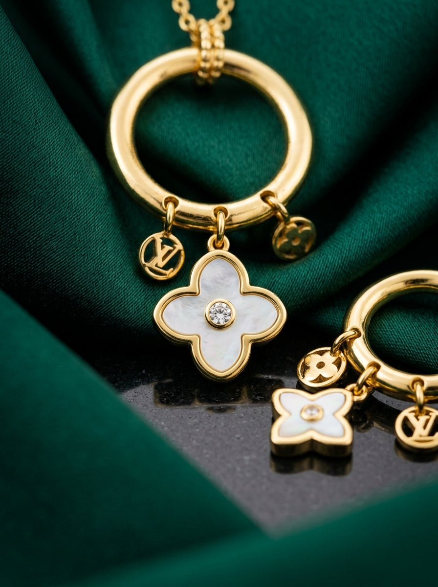 LV Gold-Tone Mother-of-Pearl Flower Charm Jewelry Set – 3 Pieces