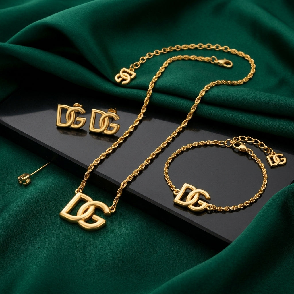 Gold-Tone Interlocking Letter Charm Jewelry Set – 3 Pieces