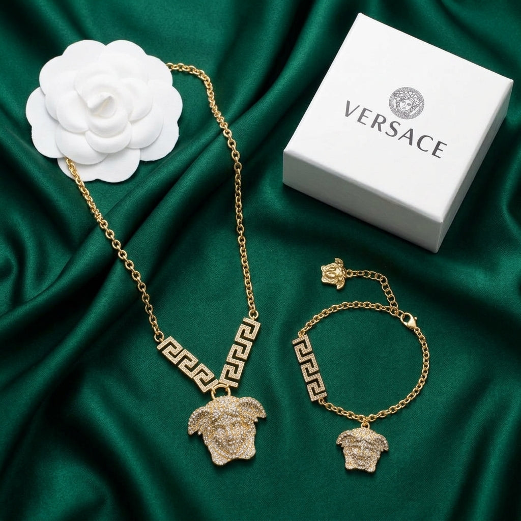 Versace Gold-Tone Crystal Mythical Face Pendant Jewelry Set – 2 Pieces