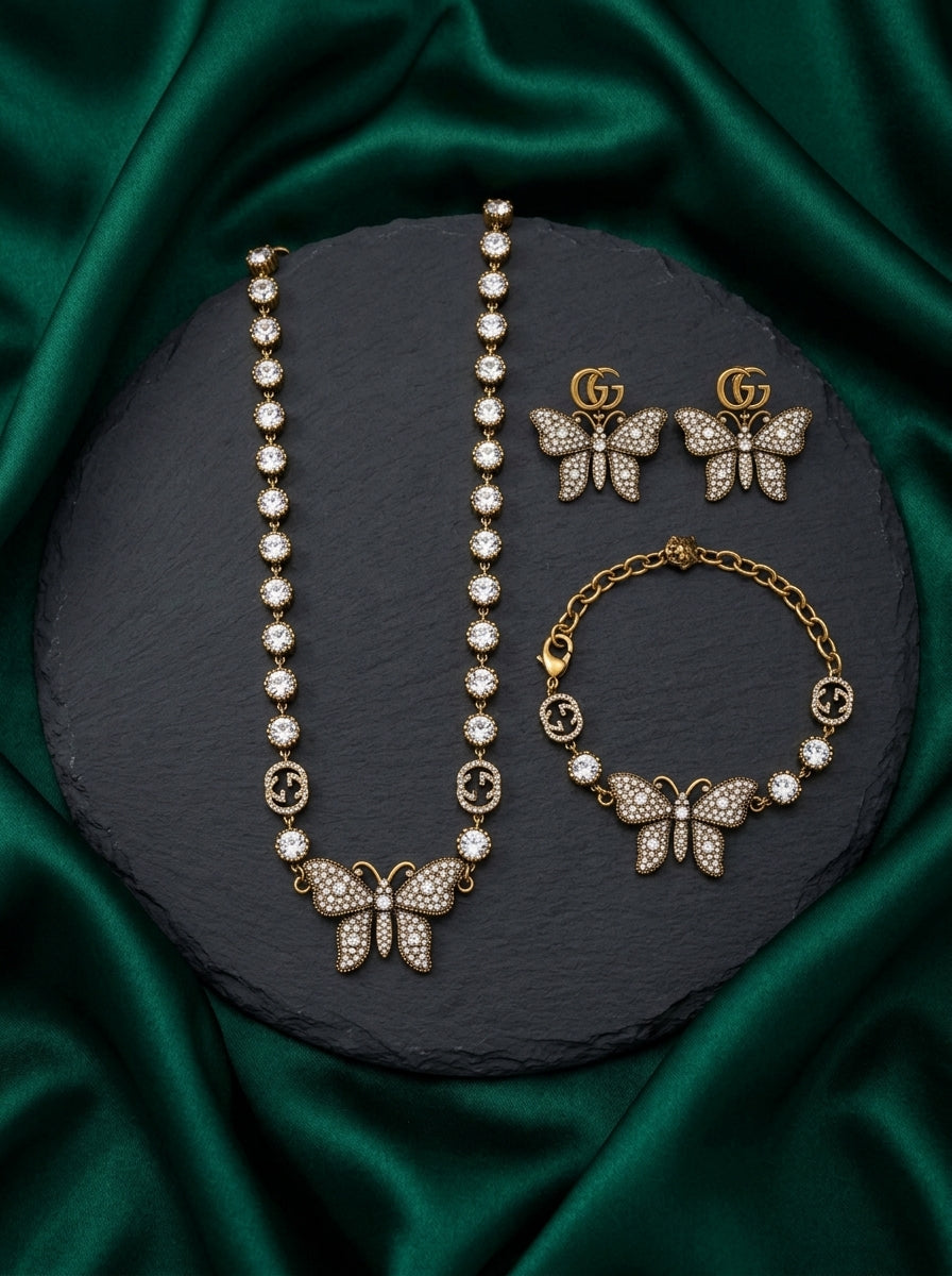 Gucci Antique Gold-Tone Crystal Butterfly Jewelry Set – 3 Pieces