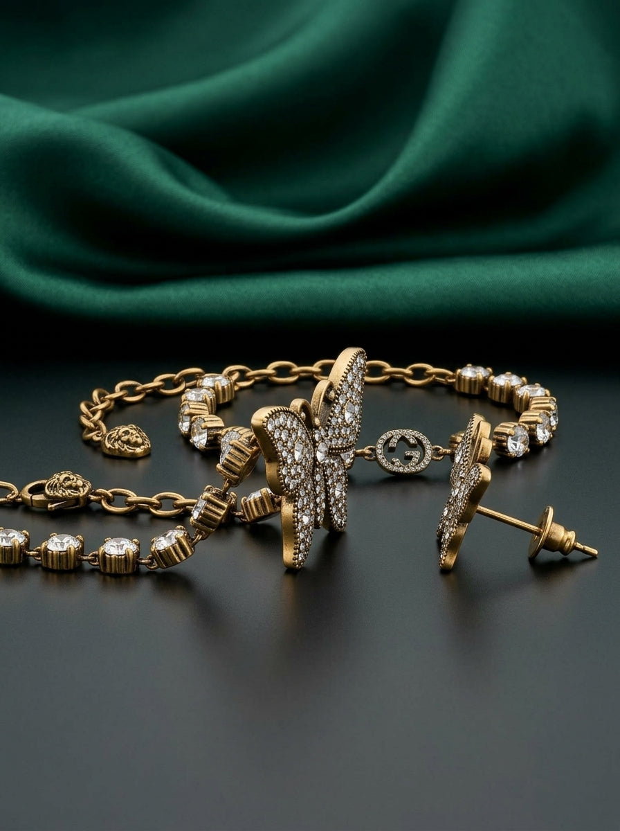 Gucci Antique Gold-Tone Crystal Butterfly Jewelry Set – 3 Pieces