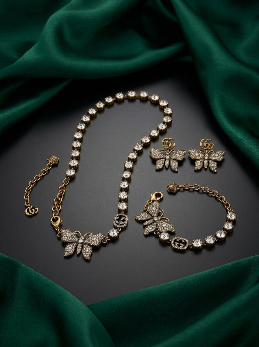 Gucci Antique Gold-Tone Crystal Butterfly Jewelry Set – 3 Pieces