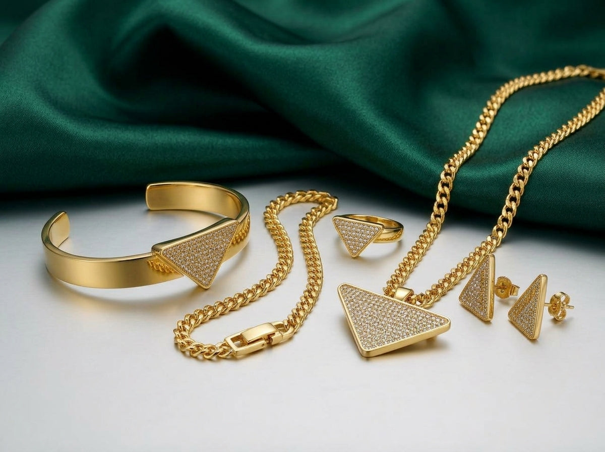 Prada Gold-Tone Crystal Pavé Triangle Jewelry Set – 4 Pieces