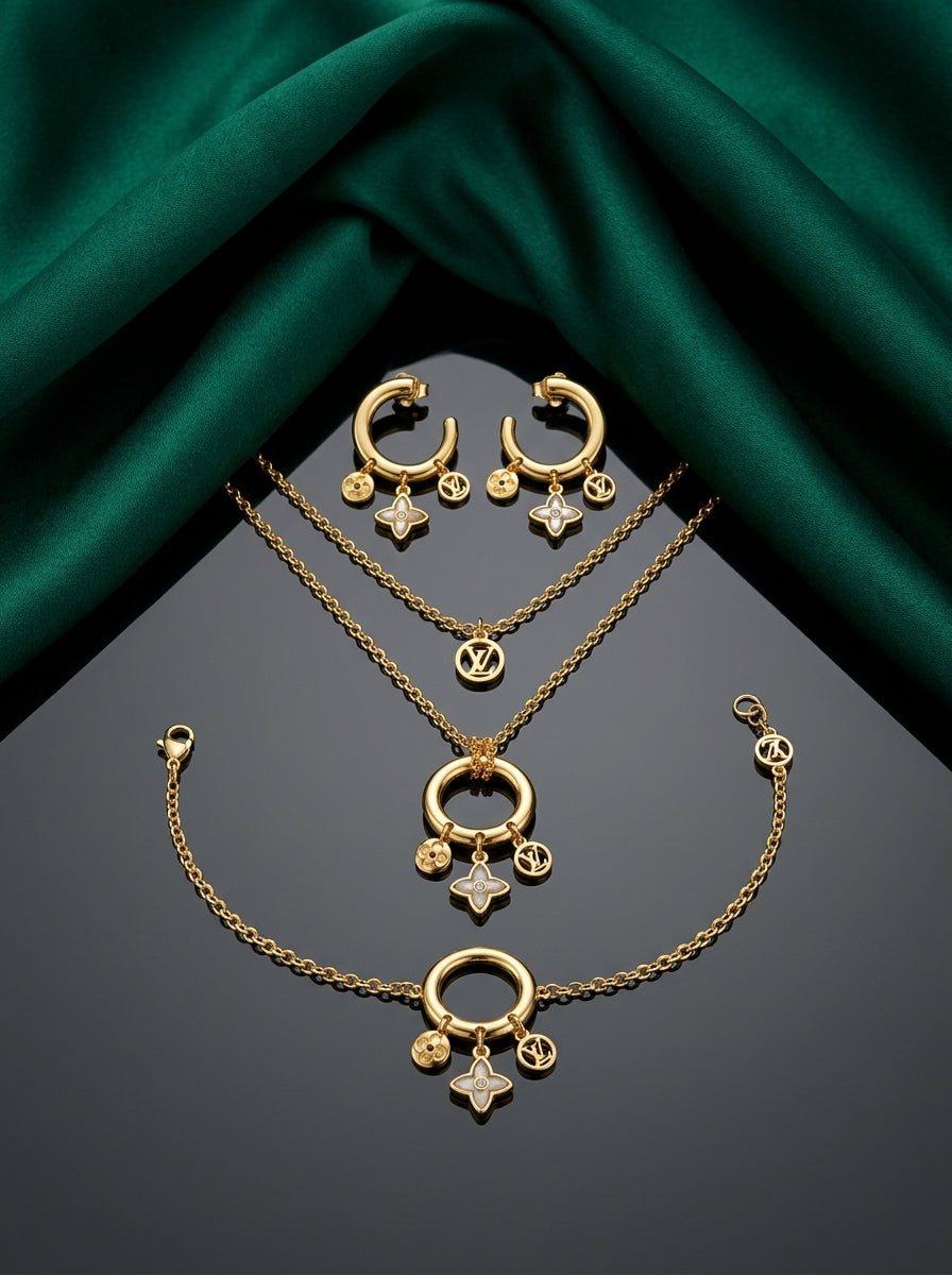 LV Gold-Tone Mother-of-Pearl Flower Charm Jewelry Set – 3 Pieces