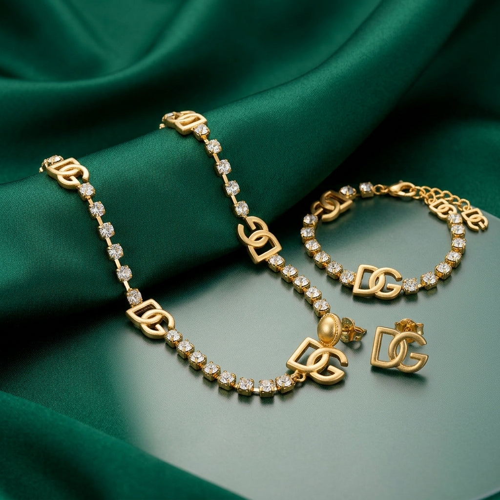 D&G Gold-Tone Crystal Tennis Chain Jewelry Set – 3 Pieces