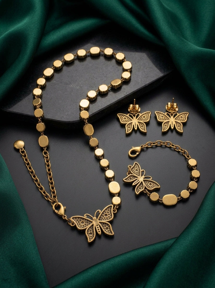 Gucci Antique Gold-Tone Crystal Butterfly Jewelry Set – 3 Pieces