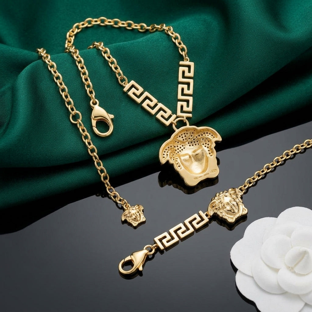 Versace Gold-Tone Crystal Mythical Face Pendant Jewelry Set – 2 Pieces