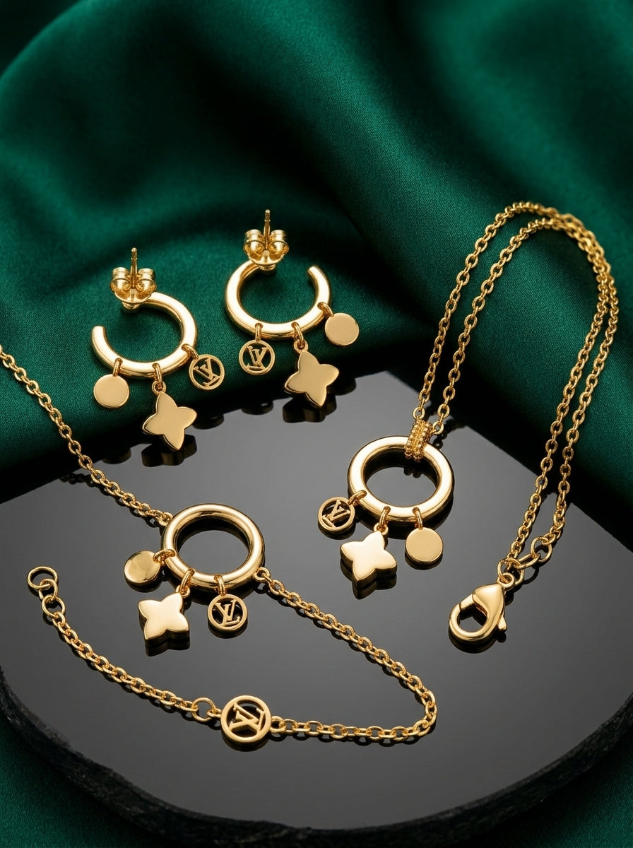 LV Gold-Tone Mother-of-Pearl Flower Charm Jewelry Set – 3 Pieces