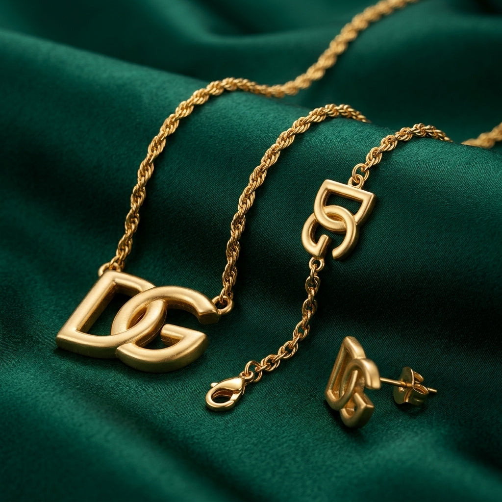 Gold-Tone Interlocking Letter Charm Jewelry Set – 3 Pieces